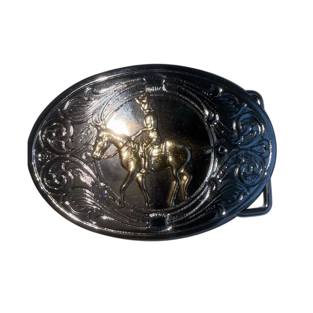 VINTAGE Western Horse & Rider Oval Belt Buckle - Shiny Black
